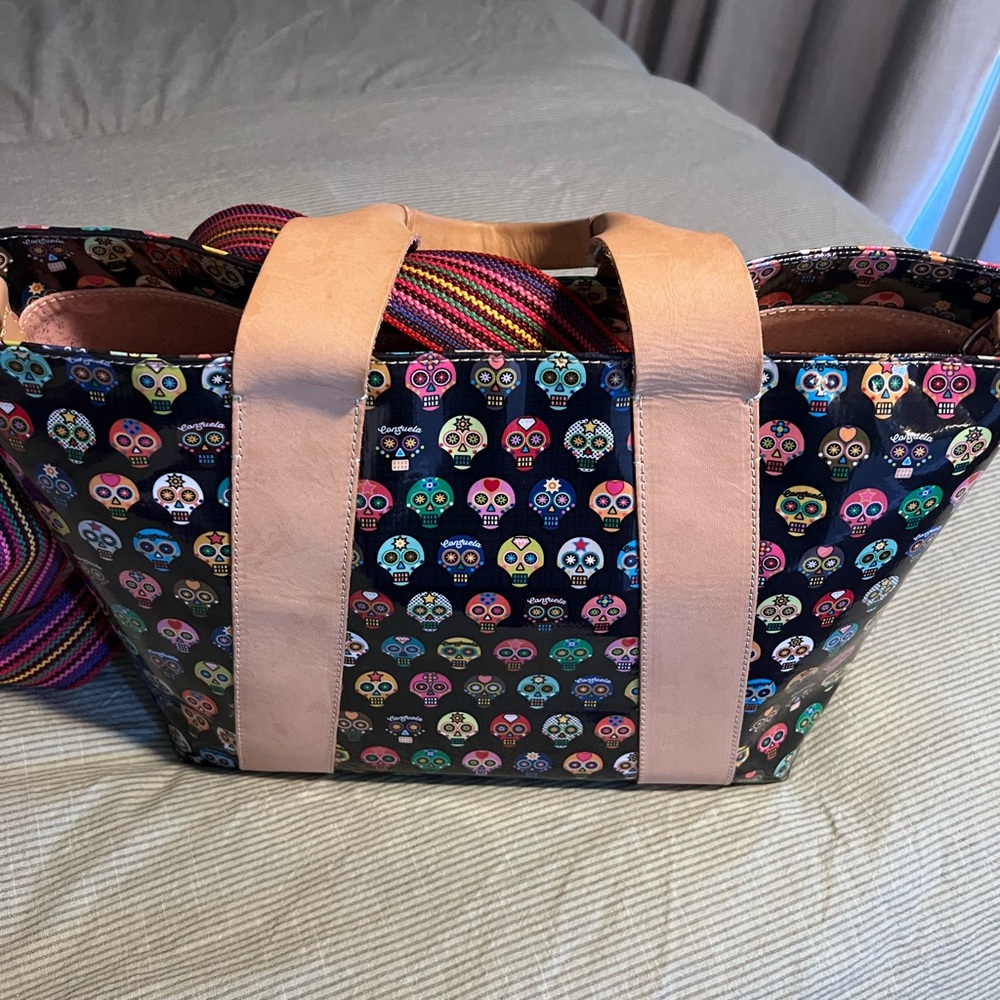 Black Skull Pattern Tote Bag with Brown Leather Trim